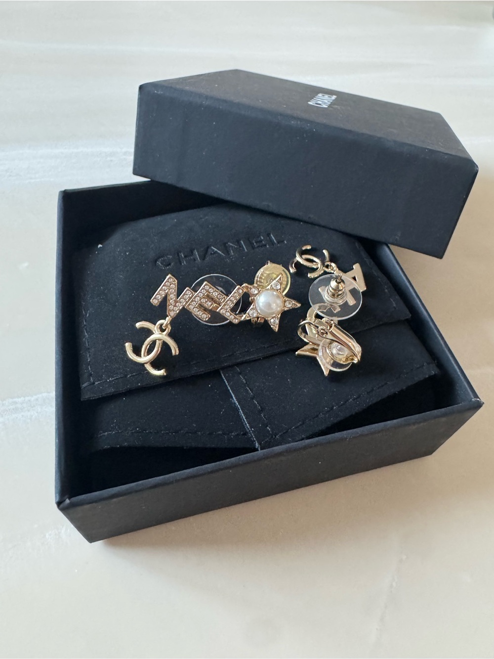 CHANEL Gold-Tone Logo Charm Drop Earrings
